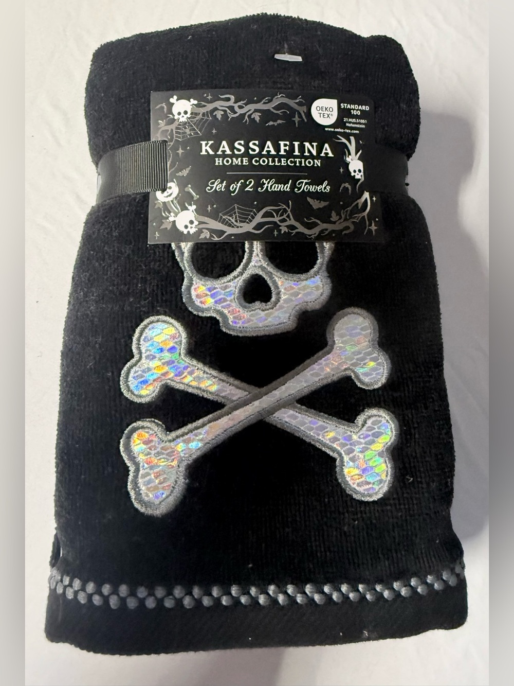 Kassafina Black Hand Towels with Holographic Skull & Crossbones - Set of 2